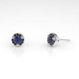 Arcus Halo Stud Earrings with a Sapphire and Black Diamonds Kris Averi White Gold