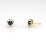 Arcus Halo Stud Earrings with a Sapphire and White Diamonds Kris Averi Yellow Gold