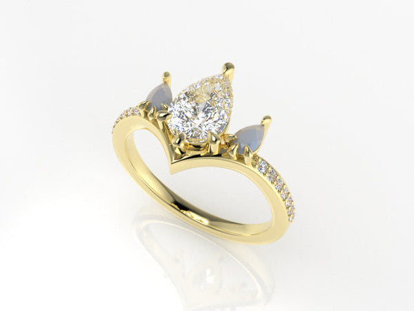 Valk Freya Three-Stone Ring with a Pear-shaped White Diamond and Moonstones Kris Averi 