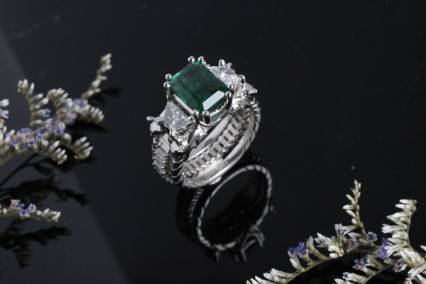 Emerald and Cat Engagement Ring Set by Kris Averi