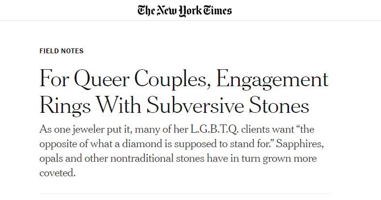 New York Times Article 'For Queer Couples, Engagement Rings With Subversive Stones' by Kris Averi