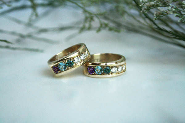 Redesigned Heirloom Band Rings with Birthstone and Diamond by Kris Averi