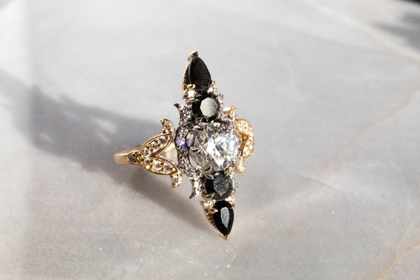 Two-Tone Victorian Memento Mori Memorial Ring with White and Black Diamond by Kris Averi