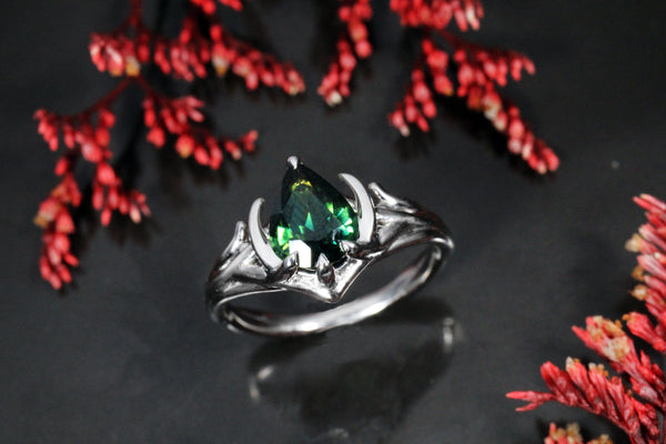 Bi Color Sapphire Elvish & Crescent Moon Inspired Engagement Ring Kris Averi 