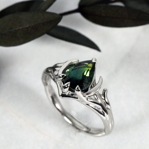 Bi Color Sapphire Elvish & Crescent Moon Inspired Engagement Ring Kris Averi 
