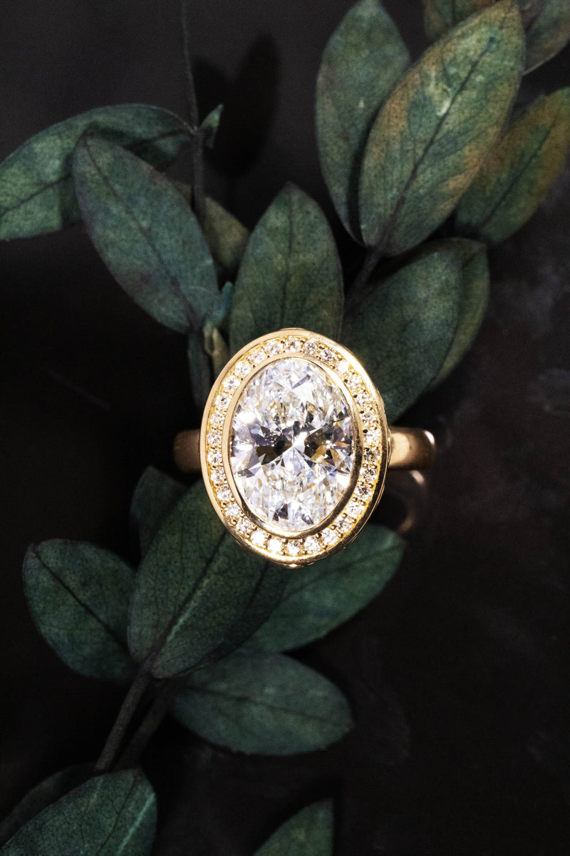 Oval Diamond Engagement Ring with Diamond Halo and Filigree Details Kris Averi 