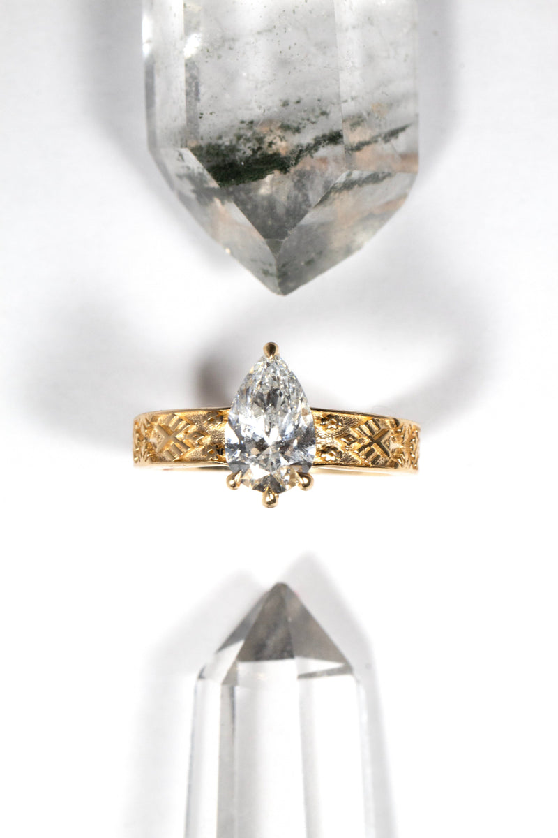 Pear Diamond Solitaire Ring with South American Textile Inspiration Kris Averi 