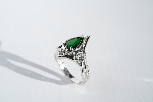 Pear Green Chrome Tourmaline Ring with Celtic and Art Nouveau Inspiration Kris Averi 