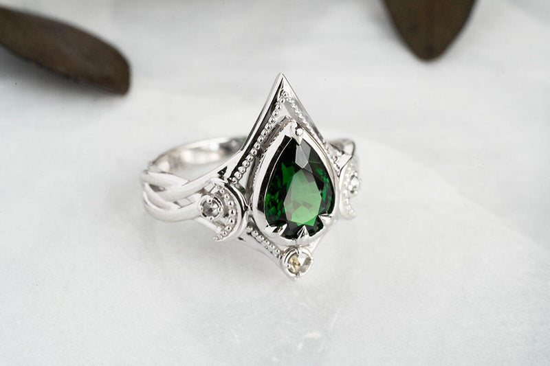 Pear Green Chrome Tourmaline Ring with Celtic and Art Nouveau Inspiration Kris Averi 