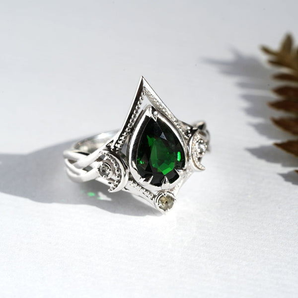 Pear Green Chrome Tourmaline Ring with Celtic and Art Nouveau Inspiration Kris Averi 