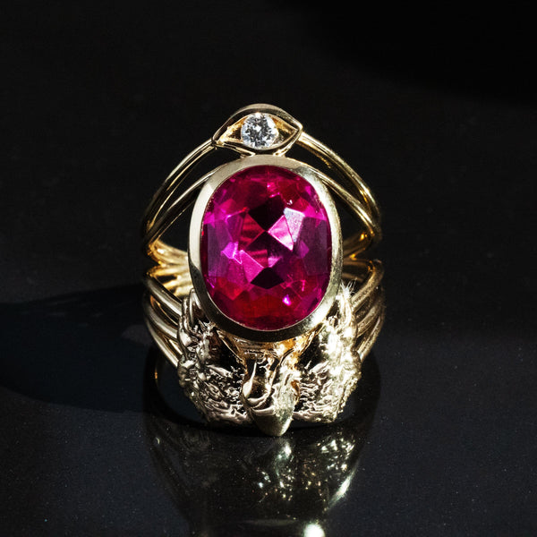 Pink Stone Memorial Ring with a Winged Atomical Heart and Diamond Eye of Protection Kris Averi 