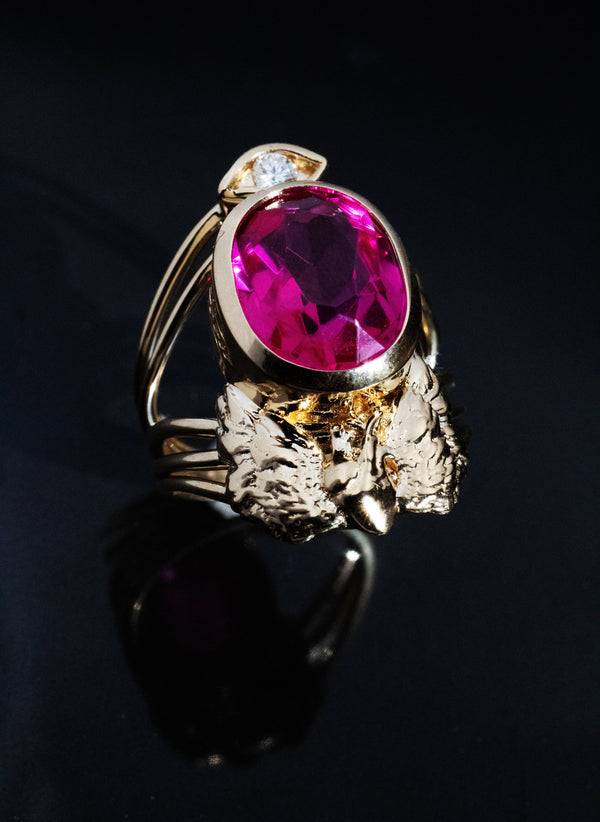 Pink Stone Memorial Ring with a Winged Atomical Heart and Diamond Eye of Protection Kris Averi 