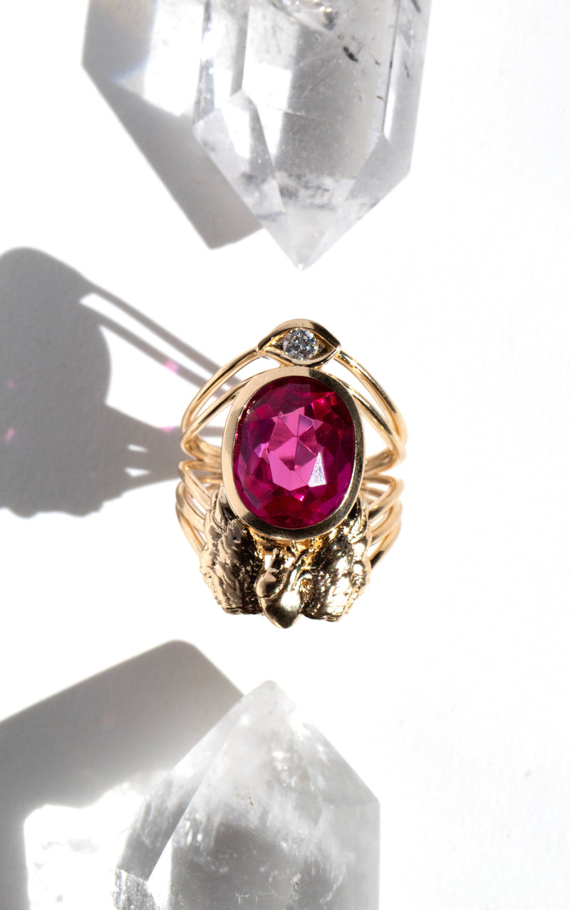 Protection Diamond Rings Pink Stone Memorial Ring with a Winged Atomical Heart and Diamond Eye ...