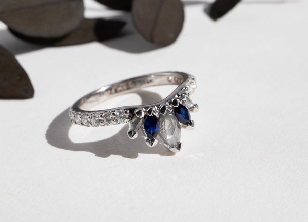 Salt & Pepper Diamond with Blue Sapphire Marquise Anniversary Band Kris Averi 