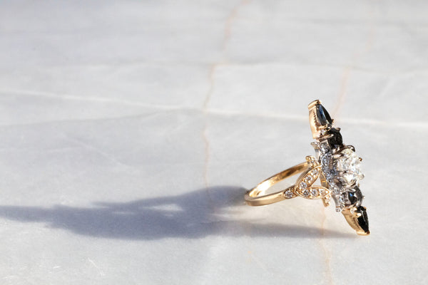 Two-Tone Victorian-Inspired Memento Mori Memorial Ring with White and Black Diamond Kris Averi 