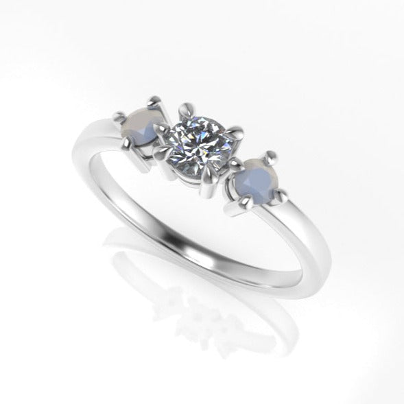 Aedis Petite Three-Stone Ring with a Round White Diamond and Moonstones Kris Averi Platinum 4 