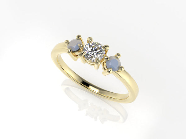 Aedis Petite Three-Stone Ring with a Round White Diamond and Moonstones Kris Averi White Gold 11 
