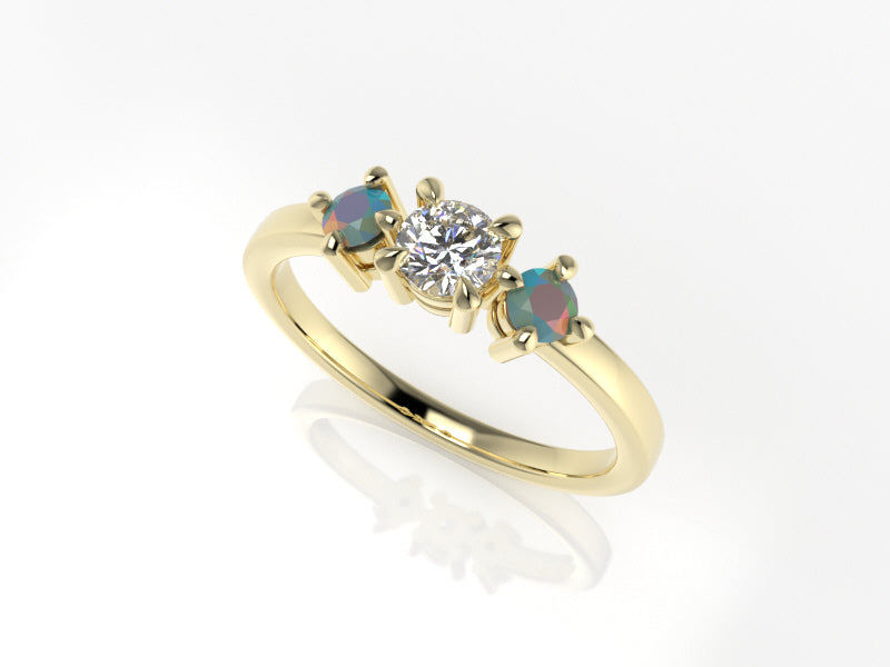 Aedis Petite Three-Stone Ring with a Round White Diamond and Opals Kris Averi 