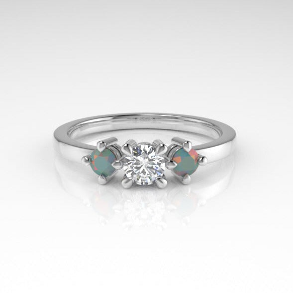 Aedis Petite Three-Stone Ring with a Round White Diamond and Opals Kris Averi Platinum 4 