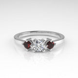 Aedis Petite Three-Stone Ring with a Round White Diamond and Rubies Kris Averi Platinum 4 