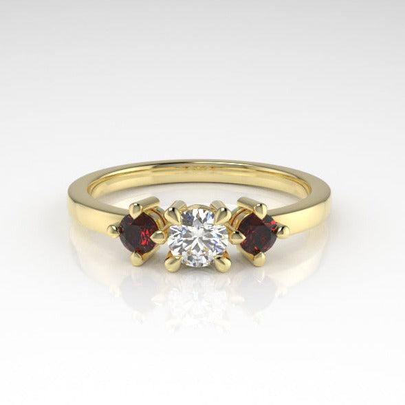 Aedis Petite Three-Stone Ring with a Round White Diamond and Rubies Kris Averi Yellow Gold 4 