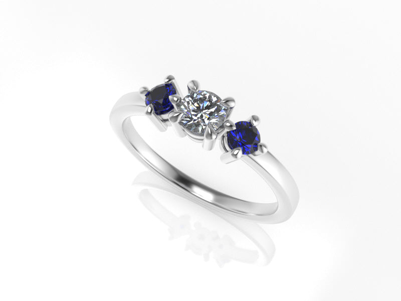 Aedis Petite Three-Stone Ring with a Round White Diamond and Sapphires Kris Averi 