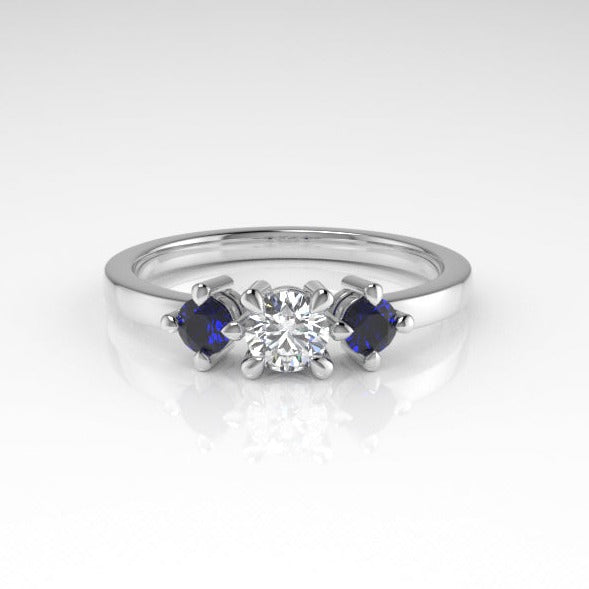 Aedis Petite Three-Stone Ring with a Round White Diamond and Sapphires Kris Averi Platinum 4 