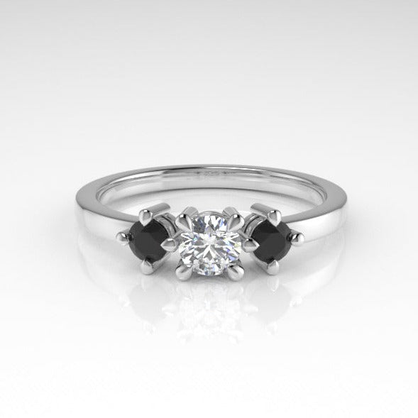 Aedis Petite Three-Stone Ring with Round White and Black Diamonds Kris Averi Platinum 4 