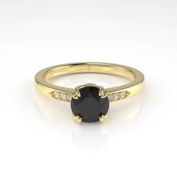 Aedis Vine Solitaire Basket Ring with a Round Black Diamond and White Diamond Pave Kris Averi Yellow Gold 4 