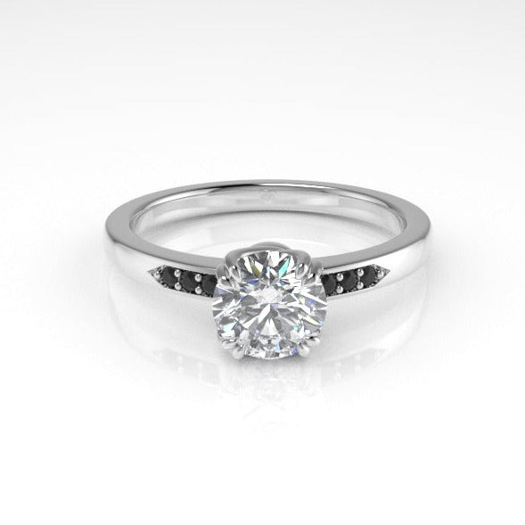 Aedis Vine Solitaire Basket Ring with a Round White Diamond and Black Diamond Pave Kris Averi Platinum Lab Diamond 4