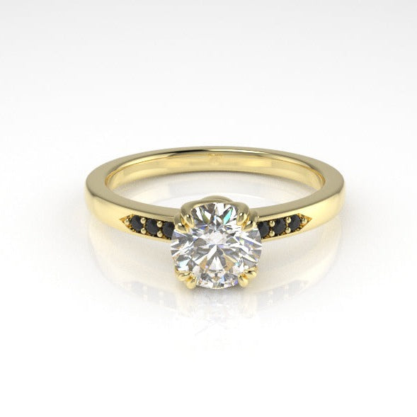Aedis Vine Solitaire Basket Ring with a Round White Diamond and Black Diamond Pave Kris Averi Yellow Gold Lab Diamond 4