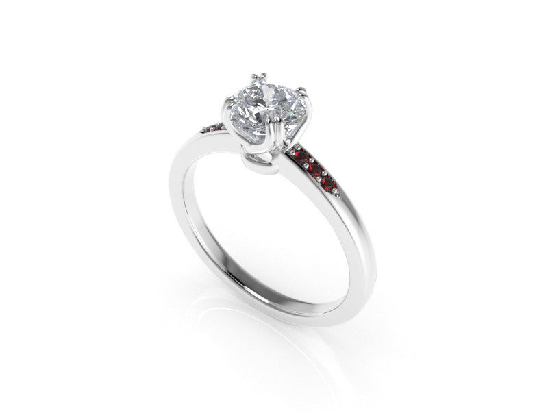 Aedis Vine Solitaire Basket Ring with a Round White Diamond and Ruby Pave Kris Averi 