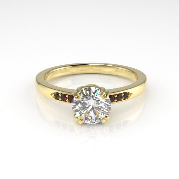 Aedis Vine Solitaire Basket Ring with a Round White Diamond and Ruby Pave Kris Averi Yellow Gold Lab Diamond 4