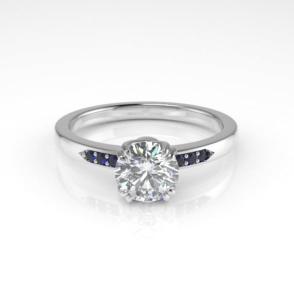 Aedis Vine Solitaire Basket Ring with a Round White Diamond and Sapphire Pave Kris Averi Platinum Lab Diamond 4