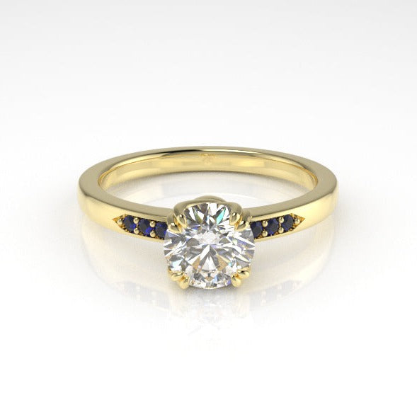 Aedis Vine Solitaire Basket Ring with a Round White Diamond and Sapphire Pave Kris Averi Yellow Gold Lab Diamond 4