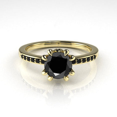 Aedis Zenith Solitaire Ring with a Round Black Diamond and Black Diamond Pave Kris Averi Yellow Gold 4 