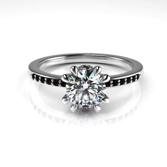 Aedis Zenith Solitaire Ring with a Round White Diamond and Black Diamond Pave Kris Averi 