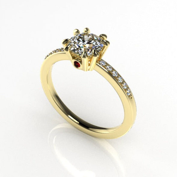 Aedis Zenith Solitaire Ring with a Round White Diamond, Pave, and Ruby Adornment Kris Averi 