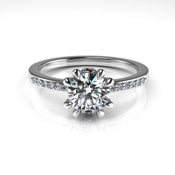 Aedis Zenith Solitaire Ring with a Round White Diamond, Pave, and Ruby Adornment Kris Averi Platinum Lab Diamond 4