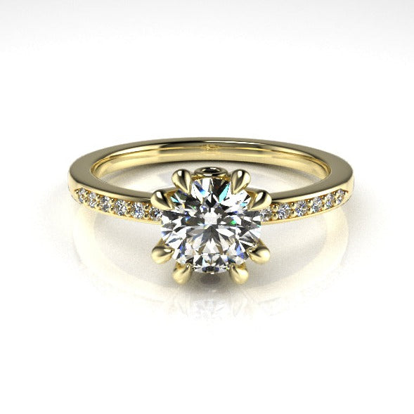 Aedis Zenith Solitaire Ring with a Round White Diamond, Pave, and Ruby Adornment Kris Averi Yellow Gold Lab Diamond 4
