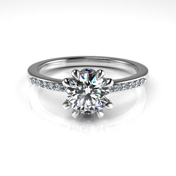 Aedis Zenith Solitaire Ring with a Round White Diamond, Pave, and Sapphire Adornment Kris Averi Platinum Lab Diamond 4