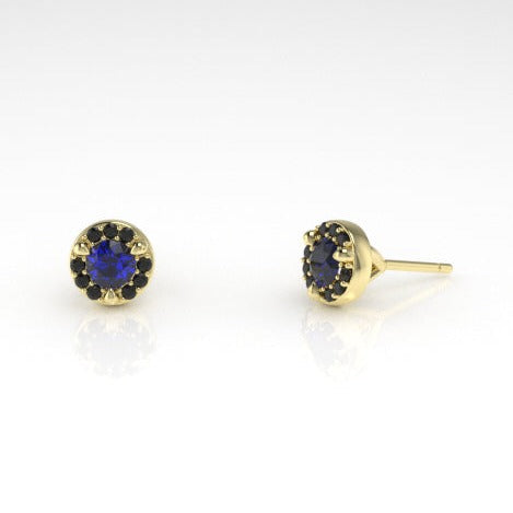 Arcus Halo Stud Earrings with a Sapphire and Black Diamonds Kris Averi Yellow Gold 