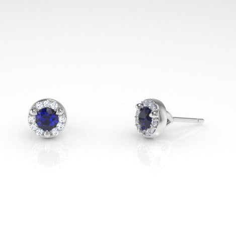 Arcus Halo Stud Earrings with a Sapphire and White Diamonds Kris Averi White Gold 