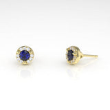 Arcus Halo Stud Earrings with a Sapphire and White Diamonds Kris Averi Yellow Gold 