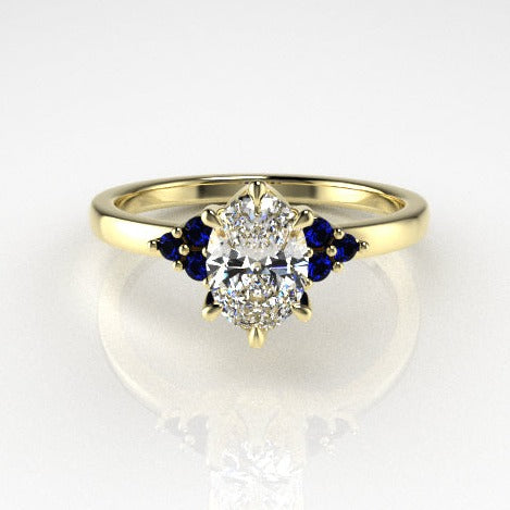 Dione Calypso Ring with an Oval White Diamond and Sapphires Kris Averi Yellow Gold Lab Diamond 4