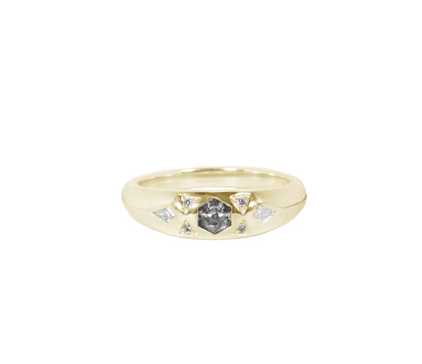 Niyol Hexi Ring with Grey and White Diamonds Kris Averi Yellow Gold 4 