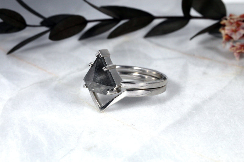 Salt and Pepper Shield Cut Diamond Engagement Ring Set Kris Averi 