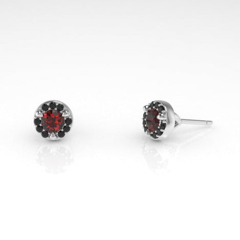 Single Arcus Halo Stud Earring with a Ruby and Black Diamonds Kris Averi White Gold 