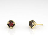 Single Arcus Halo Stud Earring with a Ruby and Black Diamonds Kris Averi Yellow Gold 