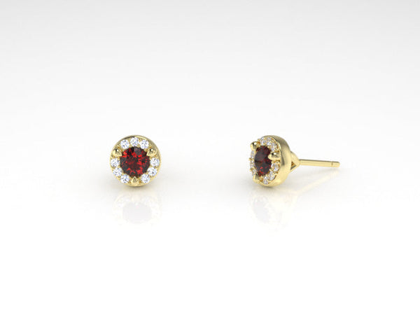 Single Arcus Halo Stud Earring with a Ruby and White Diamonds Kris Averi Yellow Gold 